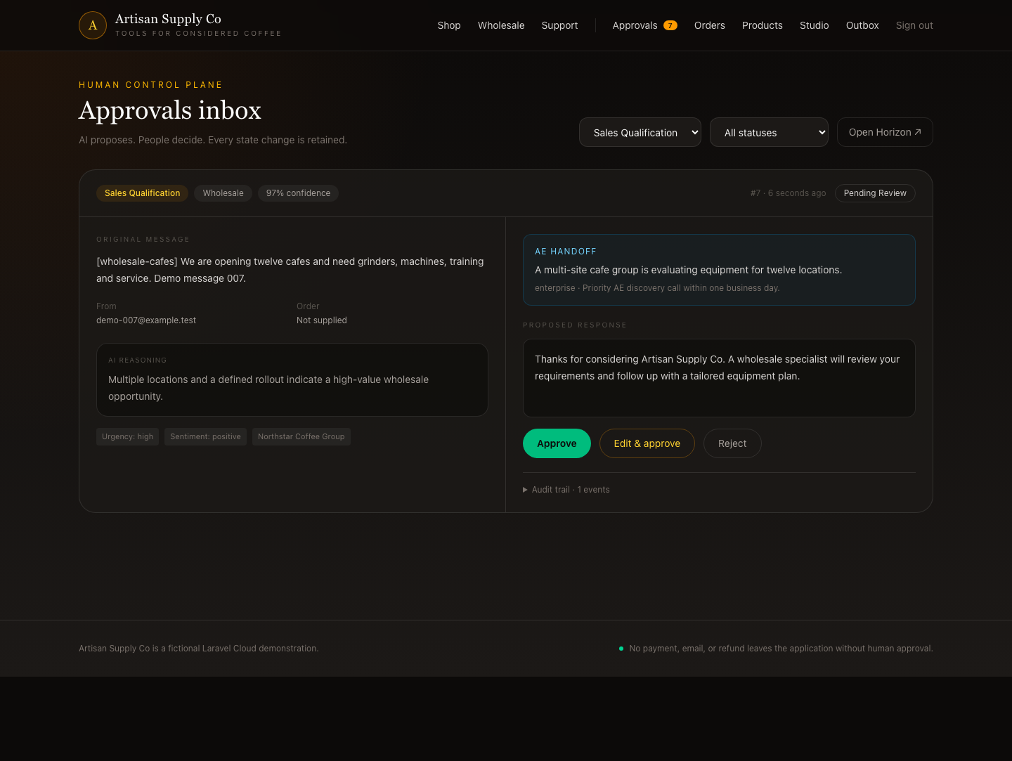Artisan Supply Co approval inbox showing a governed AI proposal